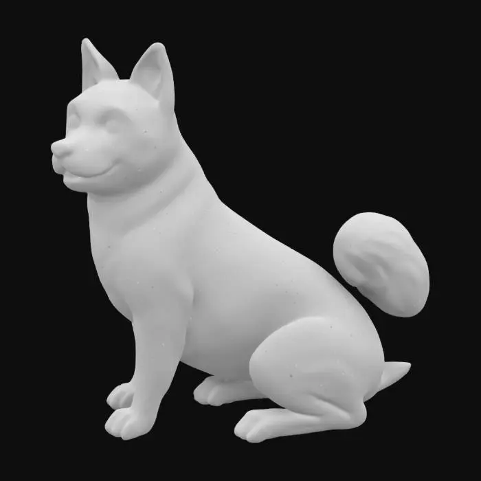 3D model for a realistic, white-furred, akita breed dog in a sitting position.
