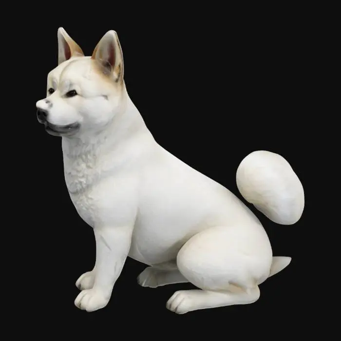 3D model for a realistic, white-furred, akita breed dog in a sitting position.