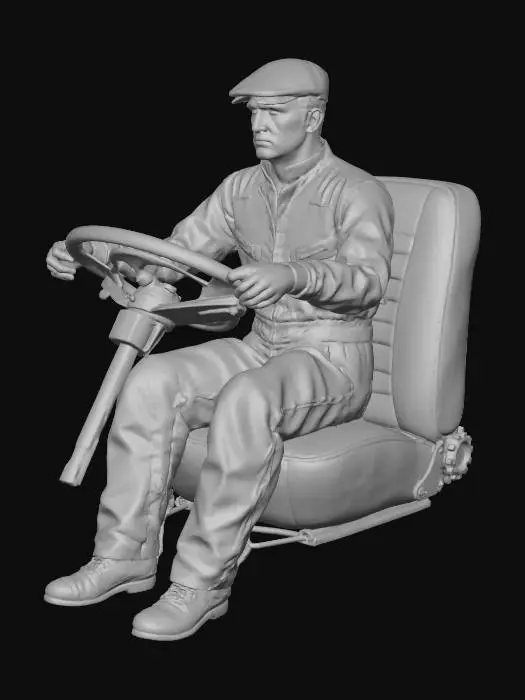 3D model for postava mechanika teamu Tyrrell f1 v montérkach z roku 1971, v polohe sediacej za volantom nákladného auta v sedadle rovnakom ako je na obrázku. to už raz bolo vytvorené. Na hlave šiltovku tzv "Stewartku"