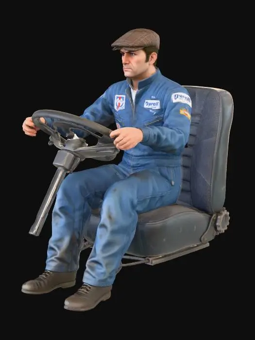 3D model for postava mechanika teamu Tyrrell f1 v montérkach z roku 1971, v polohe sediacej za volantom nákladného auta v sedadle rovnakom ako je na obrázku. to už raz bolo vytvorené. Na hlave šiltovku tzv "Stewartku"