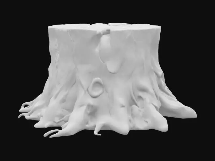 3D model for "Create a highly detailed 3D model of a tree stump. The stump should be realistically shaped, with broken, uneven edges, visible growth rings on the top surface, deep bark texture along the sides, and signs of natural decay like moss, cracks, and small fungi. The stump should have roots partially emerging from the ground. Scale should be realistic (about 60-100 cm in diameter), and geometry should support high-detail sculpting. The model should be clean, watertight, and suitable for texturing."