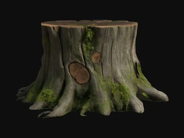 3D model for "Create a highly detailed 3D model of a tree stump. The stump should be realistically shaped, with broken, uneven edges, visible growth rings on the top surface, deep bark texture along the sides, and signs of natural decay like moss, cracks, and small fungi. The stump should have roots partially emerging from the ground. Scale should be realistic (about 60-100 cm in diameter), and geometry should support high-detail sculpting. The model should be clean, watertight, and suitable for texturing."
