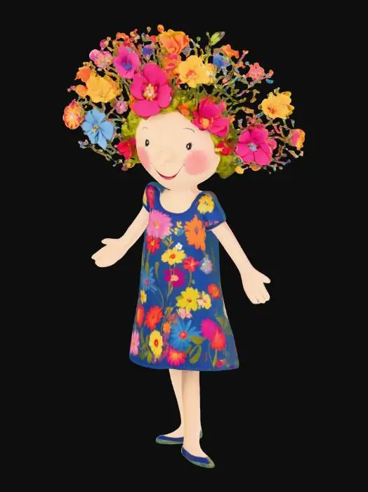 3D model for 이 캐릭터(T-pose 소녀) 기반으로 내부 채워진 3D 모델 생성. 얼굴은 그림처럼 똑같이 표현되어 생성되고 몸체는 전체적으로 한 몸으로 생성되어 3D 출력이 되도록 내부가 채워지고 머리에 표현된 꽃들도 3D 출력이 잘 될 수 있도록 두껍게 입체적으로 생성해줘