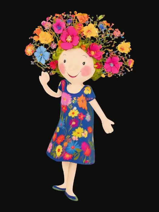 3D model for 이 캐릭터(T-pose 소녀) 기반으로 내부 채워진 3D 모델 생성. 얼굴은 그림처럼 똑같이 표현되어 생성되고 몸체는 전체적으로 한 몸으로 생성되어 3D 출력이 되도록 내부가 채워지고 머리에 표현된 꽃들도 3D 출력이 잘 될 수 있도록 두껍게 입체적으로 생성해줘