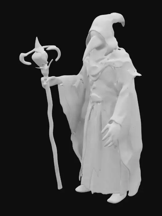 3D model for insane Plague doctor, blacked out eyes, holding a staff with a green glowing ruby on the end of it
