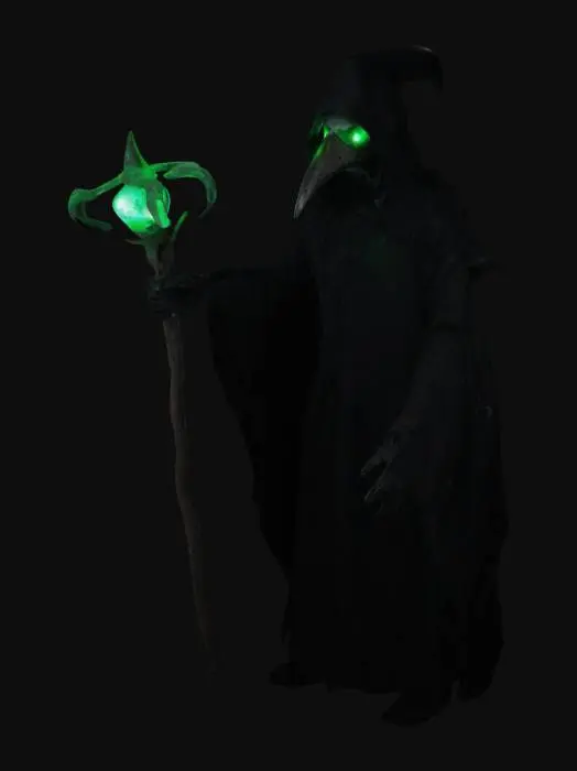 3D model for insane Plague doctor, blacked out eyes, holding a staff with a green glowing ruby on the end of it
