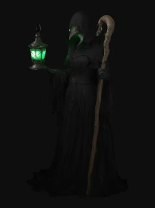 3D model for Woman Plague Doctor, highly detailed, realistic, glowing green eyes, casting an evil dark spell, holding a dimly lit lantern and cane