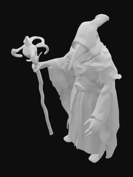 3D model for insane Plague doctor, blacked out eyes, holding a staff with a green glowing ruby on the end of it
