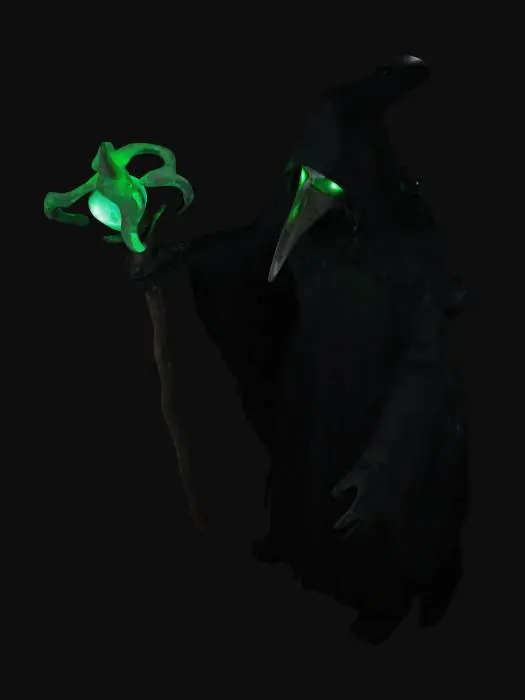 3D model for insane Plague doctor, blacked out eyes, holding a staff with a green glowing ruby on the end of it
