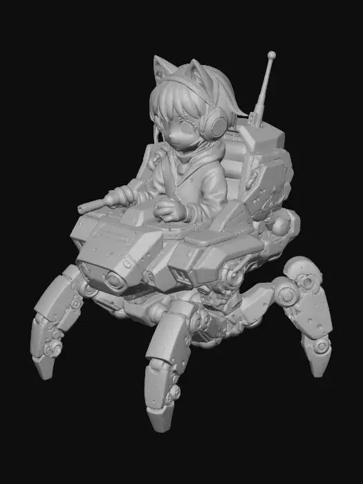 3D model for Anime-style illustration of a cute cat-eared japan anime girl with short black hair and red headset, wearing an orange outfit, piloting a large teal mechanical mecha with spider-like legs, turrets, glowing yellow headlights, and industrial details; surrounded by oversized colorful mushrooms in a fantastical forest with ethereal glow, floating lights, starry sky, and a massive moon in the background; vibrant sci-fi fantasy atmosphere, detailed fusion of nature and technology. clean background