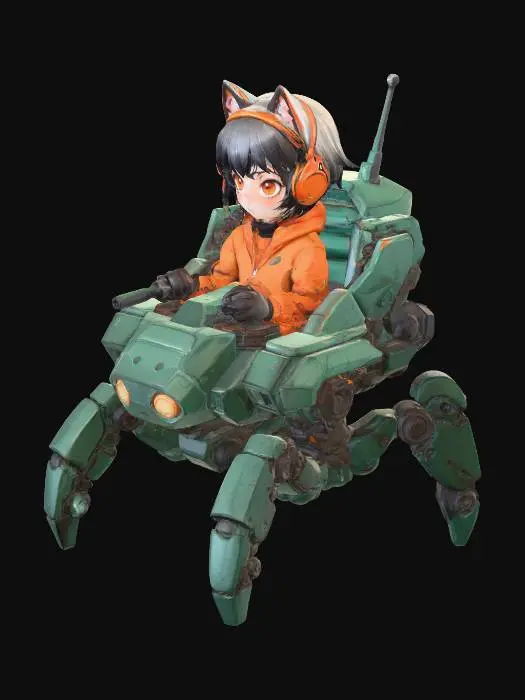 3D model for Anime-style illustration of a cute cat-eared japan anime girl with short black hair and red headset, wearing an orange outfit, piloting a large teal mechanical mecha with spider-like legs, turrets, glowing yellow headlights, and industrial details; surrounded by oversized colorful mushrooms in a fantastical forest with ethereal glow, floating lights, starry sky, and a massive moon in the background; vibrant sci-fi fantasy atmosphere, detailed fusion of nature and technology. clean background