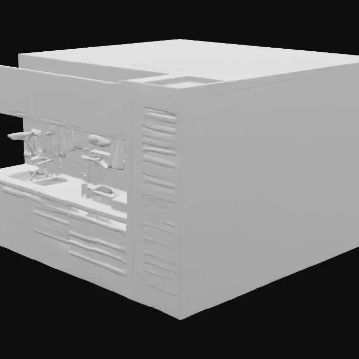 3D model for Un garaje privado de estilo moderno, caracterizado por sus líneas limpias y superficies pulidas. Presenta gabinetes de herramientas modulares de metal cepillado en tonos grises oscuros y negros, con cajones equipados con tiradores metálicos discretos. Las herramientas están organizadas pulcramente en paneles perforados y dentro de los cajones, exhibiendo mangos de goma texturizada en colores vivos como rojo y azul. El suelo es de hormigón liso con un acabado brillante, complementando la estética contemporánea y funcional.