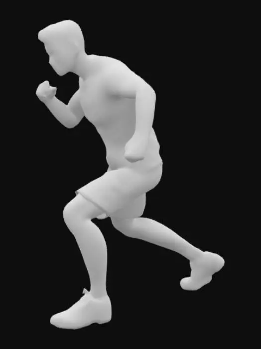 3D model for A 3D model of a men in the act of pushing, wearing athletic shoes, shorts, and short sleeves. The person should be in a dynamic pose with visible effort. No objects 