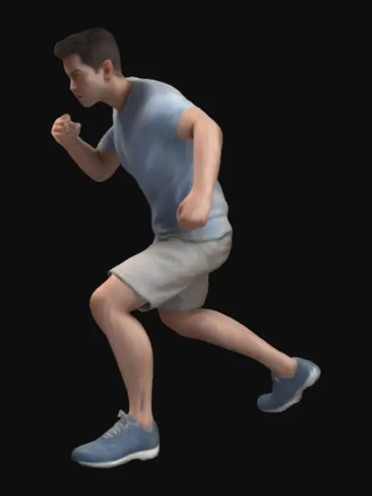 3D model for A 3D model of a men in the act of pushing, wearing athletic shoes, shorts, and short sleeves. The person should be in a dynamic pose with visible effort. No objects 