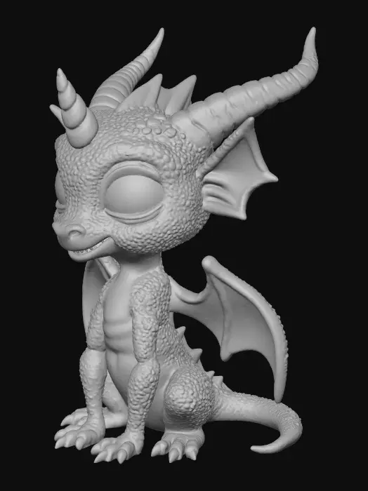 3D model for Create a clean, watertight 3D mesh (STL/OBJ) of a fantasy creature: small reptile-like demon with bright orange-red skin, rough scales, large bat-like purple wings, long forward-curved horn on the forehead, wide mouth with sharp teeth, expressive large yellow eyes, long thin limbs with clawed hands and feet.
The pose should be neutral or slightly dynamic, but suitable for 3D printing (feet flat on ground, balanced).
Include full body, correct topology, no holes, no intersecting geometry, no thin parts under 1.5 mm thickness.
Wings should be thickened for stability.

Style: Inspired by stylized creature characters, similar to Pixar/Diablo creature hybrids.
High level of sculpted detail: scales, wrinkles, claws, teeth.
Final result should be ready for slicing and 3D printing without repairs.