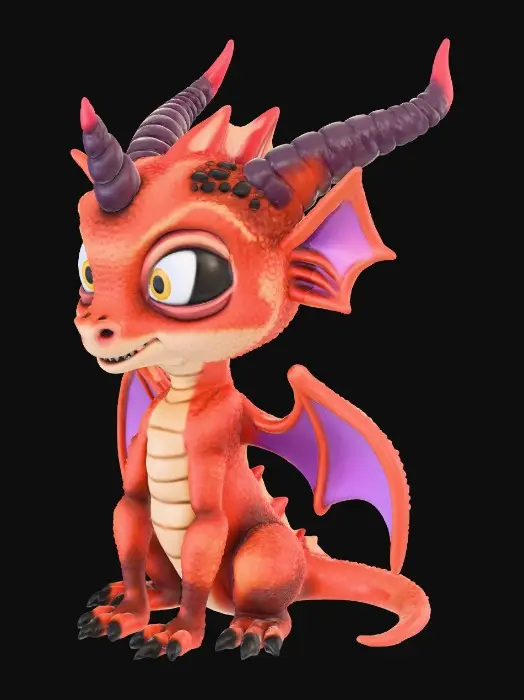 3D model for Create a clean, watertight 3D mesh (STL/OBJ) of a fantasy creature: small reptile-like demon with bright orange-red skin, rough scales, large bat-like purple wings, long forward-curved horn on the forehead, wide mouth with sharp teeth, expressive large yellow eyes, long thin limbs with clawed hands and feet.
The pose should be neutral or slightly dynamic, but suitable for 3D printing (feet flat on ground, balanced).
Include full body, correct topology, no holes, no intersecting geometry, no thin parts under 1.5 mm thickness.
Wings should be thickened for stability.

Style: Inspired by stylized creature characters, similar to Pixar/Diablo creature hybrids.
High level of sculpted detail: scales, wrinkles, claws, teeth.
Final result should be ready for slicing and 3D printing without repairs.