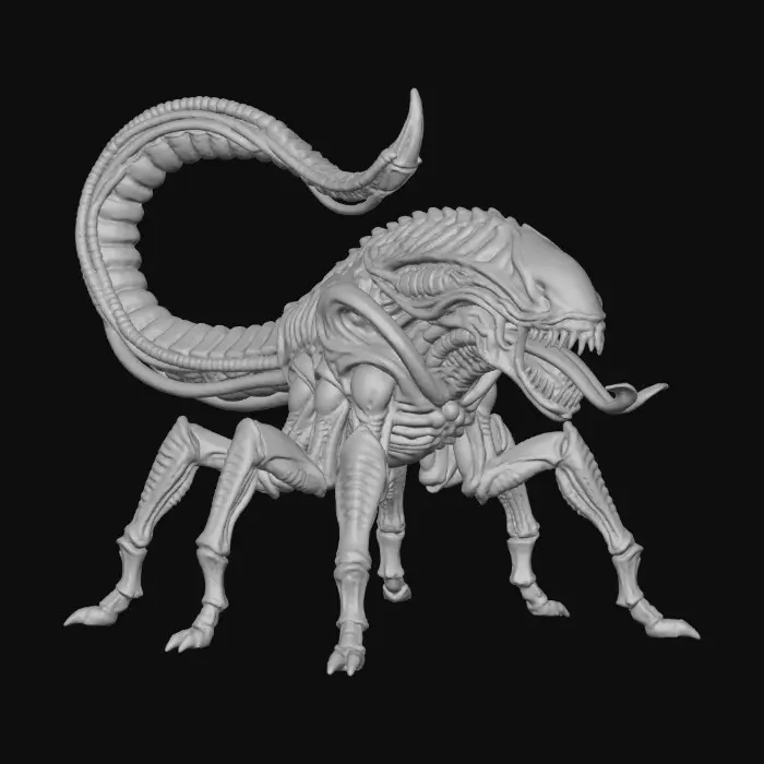 3D model for eine sechsbeinige Kreatur im Stil von H.R.Giger. langer schwanz, lange spitze zähne, gespaltene Zunge die es rausstreckt.