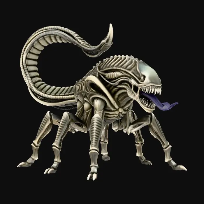 3D model for eine sechsbeinige Kreatur im Stil von H.R.Giger. langer schwanz, lange spitze zähne, gespaltene Zunge die es rausstreckt.