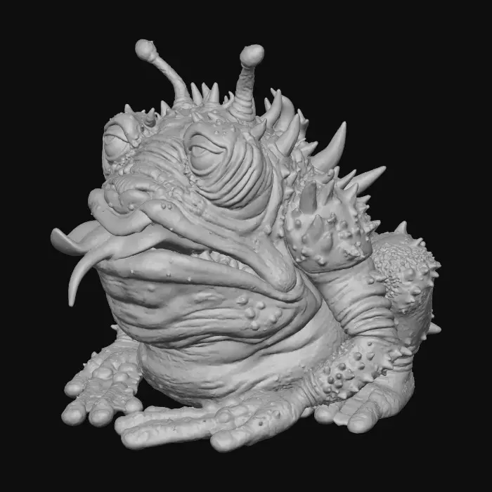 3D model for Ein robustes, amphibisches Geschöpf im Star Wars-Stil, das an eine Kröte erinnert, im Stil des hochgeladenen Bildes Es hat eine breite, flache Form mit einer rauen, ledrigen Haut, die in erdigen Grün- und Brauntönen gehalten ist. Die Augen sind groß und hervorstehend, mit einem leicht leuchtenden Schimmer. Kräftige, kurze Gliedmaßen stützen den massigen Körper, während die Oberfläche leicht feucht und schuppig wirkt, passend zu einer sumpfigen Umgebung. Die Kreatur hat Fühler und streckt seine gespaltene Zunge raus, Stacheln am ganzen Körper