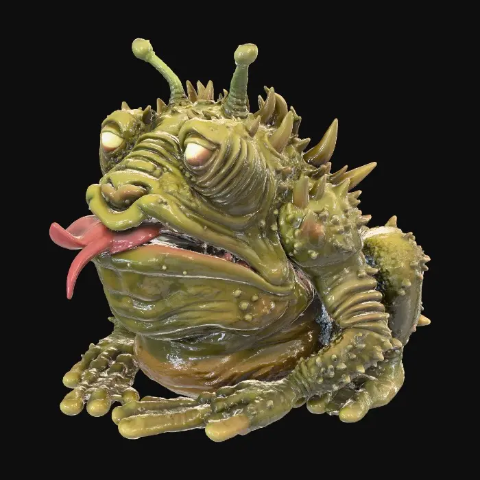 3D model for Ein robustes, amphibisches Geschöpf im Star Wars-Stil, das an eine Kröte erinnert, im Stil des hochgeladenen Bildes Es hat eine breite, flache Form mit einer rauen, ledrigen Haut, die in erdigen Grün- und Brauntönen gehalten ist. Die Augen sind groß und hervorstehend, mit einem leicht leuchtenden Schimmer. Kräftige, kurze Gliedmaßen stützen den massigen Körper, während die Oberfläche leicht feucht und schuppig wirkt, passend zu einer sumpfigen Umgebung. Die Kreatur hat Fühler und streckt seine gespaltene Zunge raus, Stacheln am ganzen Körper