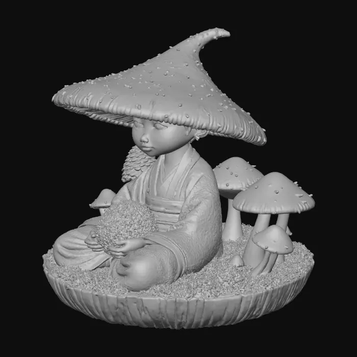 3D model for Ein hochdetailliertes 3D-Modell einer meditierten Fantasy-Pilzfigur, die in einer halben Walnussschale sitzt. Der Kopf der Figur ist ein riesiger Pilzhut mit sichtbaren Lamellen auf der Unterseite. Die Oberseite des Hutes ist dicht bedeckt mit grünem Moos, kleineren Pilzgruppen und einer tannenzapfenartigen Spitze. Die Figur hat ein ruhiges, helles Gesicht und trägt einen aufwendig gemusterten Kimono in Erd- und Blautönen mit floralen Designs. Sie hält ein kleines Stück Moos in den Händen. Die Walnussschale dient als Basis und hat eine realistische, raue Holztextur. Der Stil ist organisch, realistisch und texturiert.