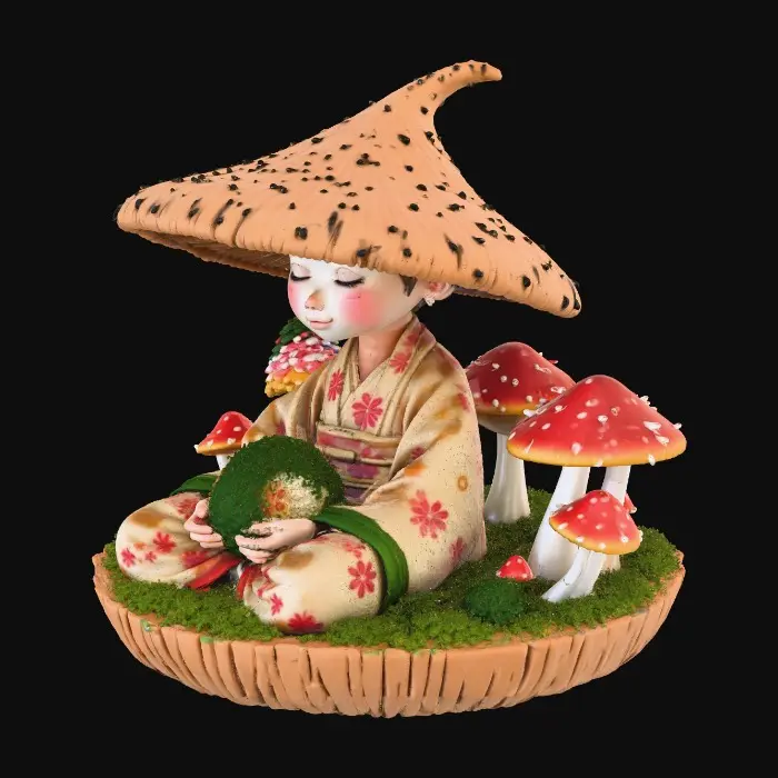 3D model for Ein hochdetailliertes 3D-Modell einer meditierten Fantasy-Pilzfigur, die in einer halben Walnussschale sitzt. Der Kopf der Figur ist ein riesiger Pilzhut mit sichtbaren Lamellen auf der Unterseite. Die Oberseite des Hutes ist dicht bedeckt mit grünem Moos, kleineren Pilzgruppen und einer tannenzapfenartigen Spitze. Die Figur hat ein ruhiges, helles Gesicht und trägt einen aufwendig gemusterten Kimono in Erd- und Blautönen mit floralen Designs. Sie hält ein kleines Stück Moos in den Händen. Die Walnussschale dient als Basis und hat eine realistische, raue Holztextur. Der Stil ist organisch, realistisch und texturiert.