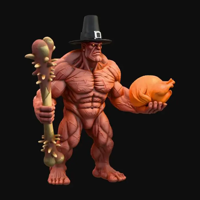 3D model for A giant holding a bone club in one hand and a cooked turkey in the other wearing a pilgrims hat.