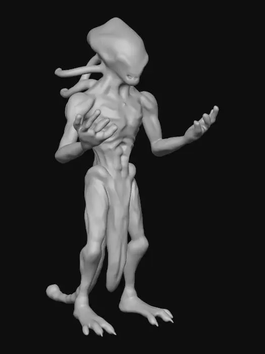 3D model for A Scout from an alien civilization with a streamlined, bionic body covered in deep blue high-hardness ceramic armor. Red biopolymer patches are visible at the armor joints. He carries a rifle that fires high-thermal plasma. Requirement: Biomechanic style, emphasize the smoothness and hardness of the ceramic, precise gaps and connection details between armor plates. There has to be much cyborg stuff.