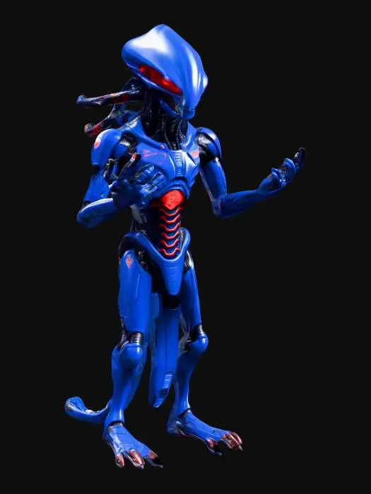 3D model for A Scout from an alien civilization with a streamlined, bionic body covered in deep blue high-hardness ceramic armor. Red biopolymer patches are visible at the armor joints. He carries a rifle that fires high-thermal plasma. Requirement: Biomechanic style, emphasize the smoothness and hardness of the ceramic, precise gaps and connection details between armor plates. There has to be much cyborg stuff.