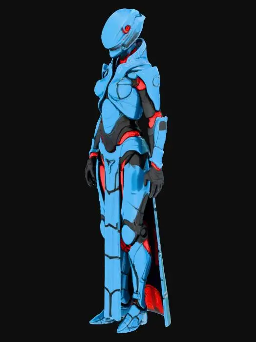 3D model for A Scout from an alien civilization with a streamlined, bionic body covered in deep blue high-hardness ceramic armor. Red biopolymer patches are visible at the armor joints. He carries a rifle that fires high-thermal plasma. Requirement: Biomechanic style, emphasize the smoothness and hardness of the ceramic, precise gaps and connection details between armor plates.