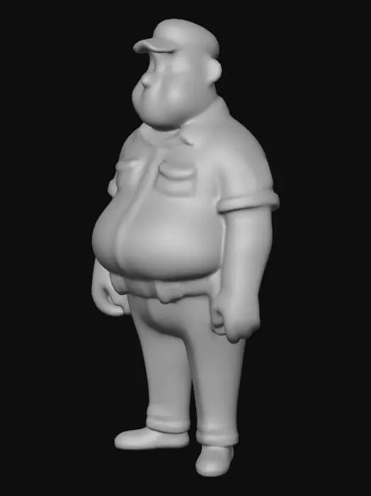 3D model for A cartoon-style, low poly security guard character featuring an exaggerated, friendly silhouette. He has a distinctly rounded, slightly overweight torso, sharply contrasting with his disproportionately thin, stick-like arms and legs. Dressed in a blocky uniform, his crisp white polygonal shirt stretches smoothly over his wider midsection, complemented by dark blue trousers. His simple, rounded head is bare, without a hat. The character's surfaces are flat and brightly colored, giving a clean, toy-like appearance that emphasizes shape over intricate texture details.