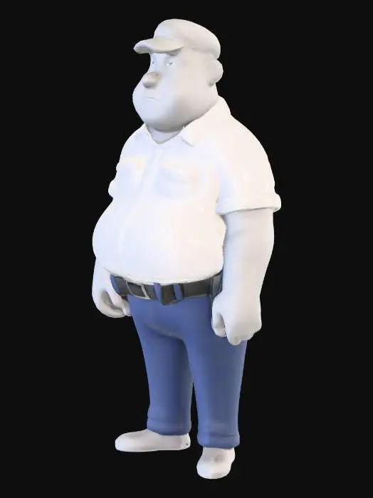 3D model for A cartoon-style, low poly security guard character featuring an exaggerated, friendly silhouette. He has a distinctly rounded, slightly overweight torso, sharply contrasting with his disproportionately thin, stick-like arms and legs. Dressed in a blocky uniform, his crisp white polygonal shirt stretches smoothly over his wider midsection, complemented by dark blue trousers. His simple, rounded head is bare, without a hat. The character's surfaces are flat and brightly colored, giving a clean, toy-like appearance that emphasizes shape over intricate texture details.