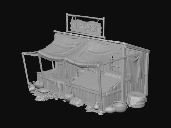 3D model for outside of a beggar's market for an rpg sidescroller game, side-view. no people. no platforms. no creatures, no pick-ups