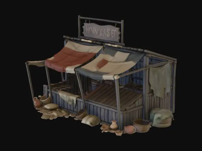 3D model for outside of a beggar's market for an rpg sidescroller game, side-view. no people. no platforms. no creatures, no pick-ups