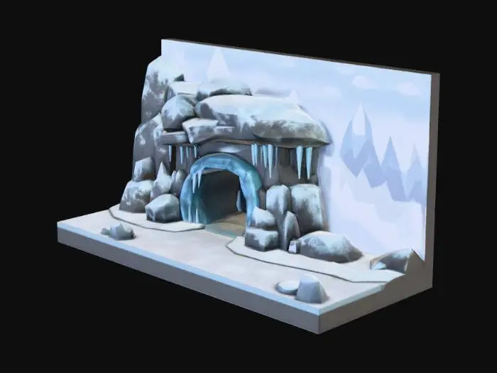 3D model for outside of a yeti cave for an rpg sidescroller game, side-view. no people. no platforms. no creatures, no pick-ups