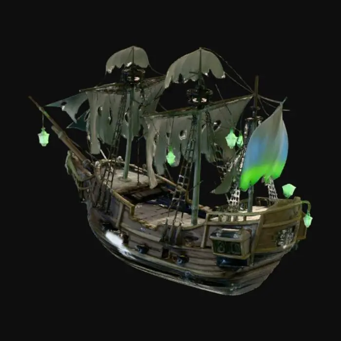 3D model for ghost ship scene for an rpg sidescroller game, side-view. no people. no platforms. no creatures, no pick-ups