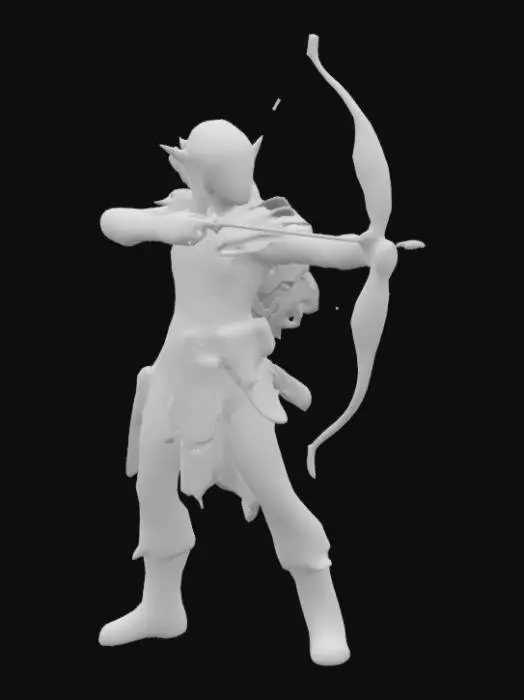 3D model for Wood elf Ranger, background criminal. Wielding a longbow, 10 strength, 14 dexterity, 10 constitution, 13 intelligence, 14 wisdom, 15 charisma.