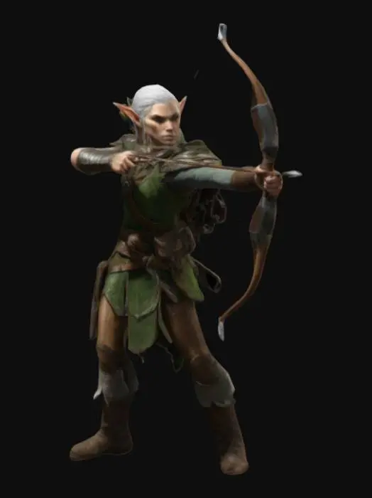 3D model for Wood elf Ranger, background criminal. Wielding a longbow, 10 strength, 14 dexterity, 10 constitution, 13 intelligence, 14 wisdom, 15 charisma.
