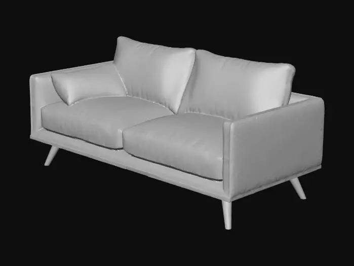3D model for A high-quality realistic 3D lounge sofa, modern Scandinavian design, specifically for an outdoor forest deck. The sofa has a sleek, comfortable silhouette with thick, soft cushions and realistic fabric folds. The backrest is kept low-profile to ensure a completely unobstructed 360-degree view of the surroundings. Symmetrical structure with soft organic curves. The base is supported by four small, elegant tapered wooden legs. Clean and professional geometry, no complex ornaments, designed as a central seating platform for an immersive VR experience. Optimized for real-time rendering in Unity, no walls, no roof, completely open design. Isolated on a solid black background, 8k detail level.