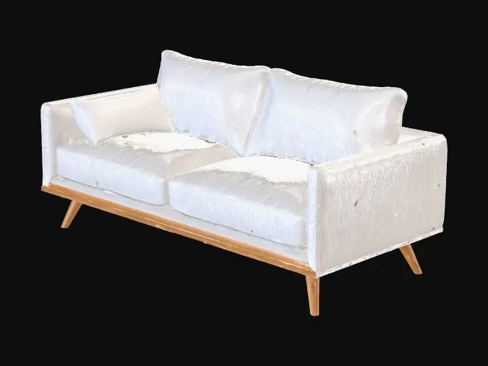 3D model for A high-quality realistic 3D lounge sofa, modern Scandinavian design, specifically for an outdoor forest deck. The sofa has a sleek, comfortable silhouette with thick, soft cushions and realistic fabric folds. The backrest is kept low-profile to ensure a completely unobstructed 360-degree view of the surroundings. Symmetrical structure with soft organic curves. The base is supported by four small, elegant tapered wooden legs. Clean and professional geometry, no complex ornaments, designed as a central seating platform for an immersive VR experience. Optimized for real-time rendering in Unity, no walls, no roof, completely open design. Isolated on a solid black background, 8k detail level.