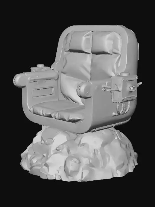 3D model for A realistic lunar observation chair for an astronaut, mounted on a rugged base made of gray moon rocks and lunar regolith. NASA-inspired space technology, minimalist industrial design, no walls, no roof, wide open view. Symmetrical seat with white and silver thermal protection foil textures. Mechanical scientific instruments on the armrests. Rugged, heavy-duty construction. High-quality 3D environment asset, game-ready, isolated on black.
