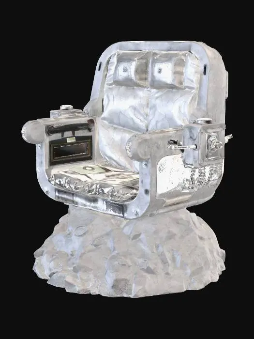 3D model for A realistic lunar observation chair for an astronaut, mounted on a rugged base made of gray moon rocks and lunar regolith. NASA-inspired space technology, minimalist industrial design, no walls, no roof, wide open view. Symmetrical seat with white and silver thermal protection foil textures. Mechanical scientific instruments on the armrests. Rugged, heavy-duty construction. High-quality 3D environment asset, game-ready, isolated on black.