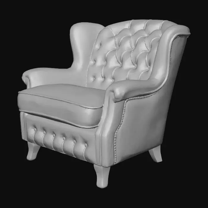 3D model for A single photorealistic industrial wingback armchair, classic Chesterfield style, designed for a cozy loft interior. The chair features deep tufted upholstery and a curved, ergonomic silhouette. The backrest and wings are designed with a low-profile height to ensure a completely unobstructed 360-degree view of the room. Robust construction with thick, comfortable cushions. The base is supported by short, dark carved wooden legs. High-quality organic shapes with realistic folds in the material. Symmetrical and perfectly balanced design, optimized for real-time rendering in Unity. No walls, no roof, completely open design. A premium 3D environment asset for an immersive VR experience, isolated on a solid black background, 8k detail level.