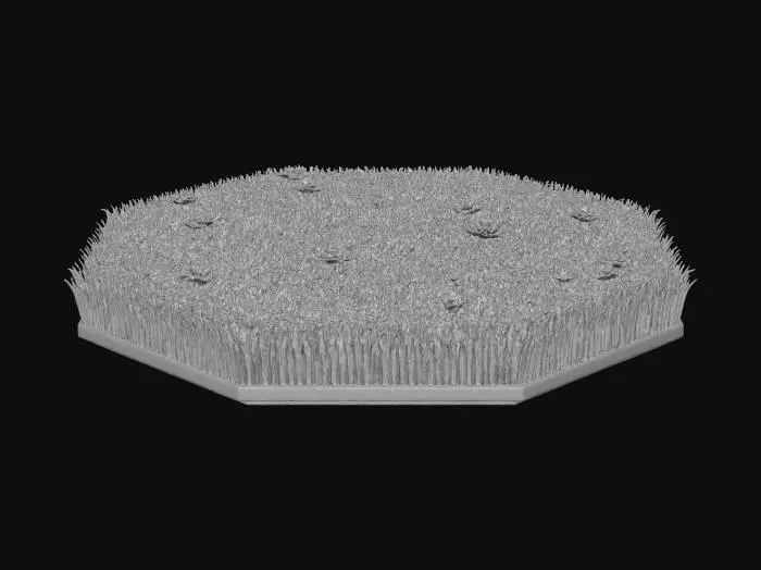 3D model for A standalone OCTAGON-shaped garden patch designed to sit on top of an existing floor. Flat base with clean edges, no surrounding ground. Lush green grass covering the surface, with small colorful flowers scattered naturally across the grass. Include only two or three small decorative trees with thin trunks and simple leafy canopies. Minimal detail, clean geometry, stylized but realistic proportions. Single object, centered, no background, no walls, no pavement, no people, no buildings.