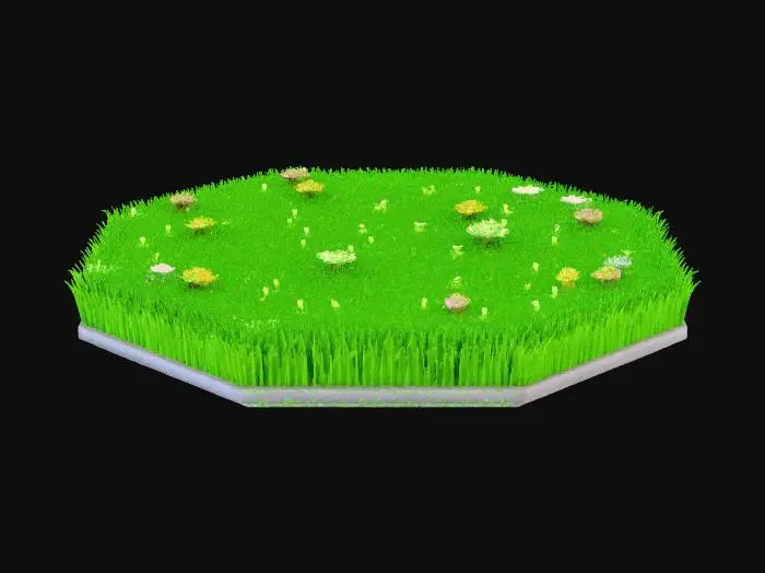 3D model for A standalone OCTAGON-shaped garden patch designed to sit on top of an existing floor. Flat base with clean edges, no surrounding ground. Lush green grass covering the surface, with small colorful flowers scattered naturally across the grass. Include only two or three small decorative trees with thin trunks and simple leafy canopies. Minimal detail, clean geometry, stylized but realistic proportions. Single object, centered, no background, no walls, no pavement, no people, no buildings.