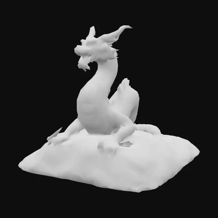 3D model for Generate an image of a majestic blue Chinese dragon peacefully resting atop a moss-covered stone. The dragon should have elegant, flowing scales in shades of deep sapphire and turquoise, with intricate golden details highlighting its body. Its long, serpentine form should curl around the stone, with the wings gently folded against its sides. The stone, weathered and covered in soft, lush moss, contrasts with the dragon's vibrant color, creating a serene and harmonious scene. The background should feature a misty, tranquil environment with soft light filtering through the foliage, adding an ethereal atmosphere to the moment. Capture the peacefulness of the dragon as it basks in the calm, ancient energy of its surroundings.