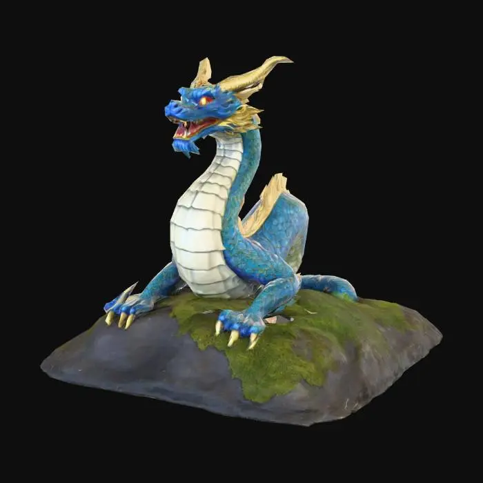 3D model for Generate an image of a majestic blue Chinese dragon peacefully resting atop a moss-covered stone. The dragon should have elegant, flowing scales in shades of deep sapphire and turquoise, with intricate golden details highlighting its body. Its long, serpentine form should curl around the stone, with the wings gently folded against its sides. The stone, weathered and covered in soft, lush moss, contrasts with the dragon's vibrant color, creating a serene and harmonious scene. The background should feature a misty, tranquil environment with soft light filtering through the foliage, adding an ethereal atmosphere to the moment. Capture the peacefulness of the dragon as it basks in the calm, ancient energy of its surroundings.