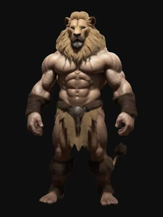 3D model for human lion berserker, male, mane, lion ears, tail, loincloth, muscular