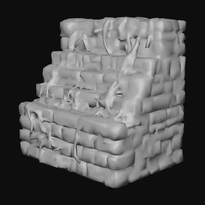 3D model for Egy téglalap alakú 3 méter magasságú inka terasz elem, melynek oldalai gondosan illesztett, szabályos kőblokkokból állnak, masszív és stabil alapot biztosítva. Az alkotó kövek nagysága és elrendezése a valós inka falak kinézetének megfelelő legyen ahol kisebb nagyobb kövek illeszkednek egymáshoz szabályosan. A kövek felületét sűrű, földesbarna gyökerek hálózzák be, szorosan belekapaszkodva a résekbe, egy organikus és ősi textúrát kölcsönözve. A terasz tetejét vastag, élénkzöld moharéteg borítja, mely puha és nedves tapintású. Az egész szerkezet szürke kőből épült, de a gyökerek és a moha élénk színeket visznek az időtlen formába.