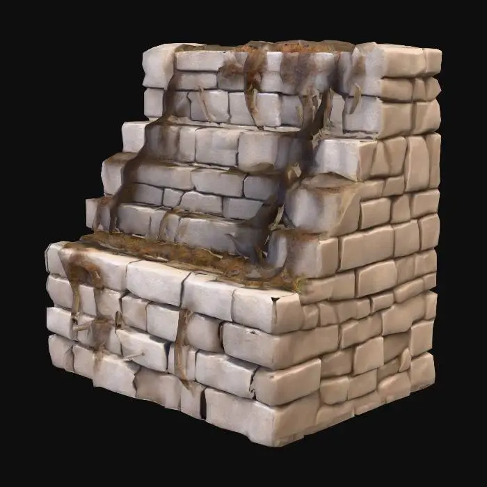 3D model for Egy téglalap alakú 3 méter magasságú inka terasz elem, melynek oldalai gondosan illesztett, szabályos kőblokkokból állnak, masszív és stabil alapot biztosítva. Az alkotó kövek nagysága és elrendezése a valós inka falak kinézetének megfelelő legyen ahol kisebb nagyobb kövek illeszkednek egymáshoz szabályosan. A kövek felületét sűrű, földesbarna gyökerek hálózzák be, szorosan belekapaszkodva a résekbe, egy organikus és ősi textúrát kölcsönözve. A terasz tetejét vastag, élénkzöld moharéteg borítja, mely puha és nedves tapintású. Az egész szerkezet szürke kőből épült, de a gyökerek és a moha élénk színeket visznek az időtlen formába.